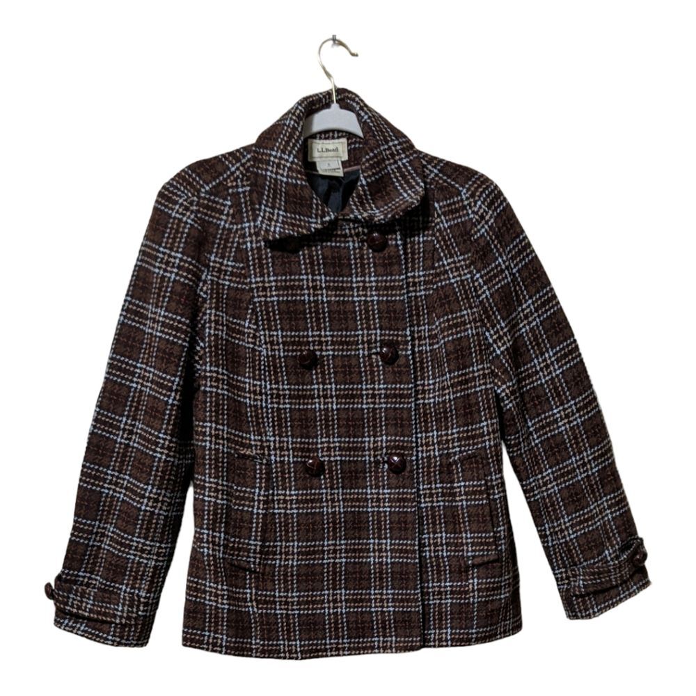Vintage L.L. Bean double breasted plaid brown pea coat wool classic blazer Small